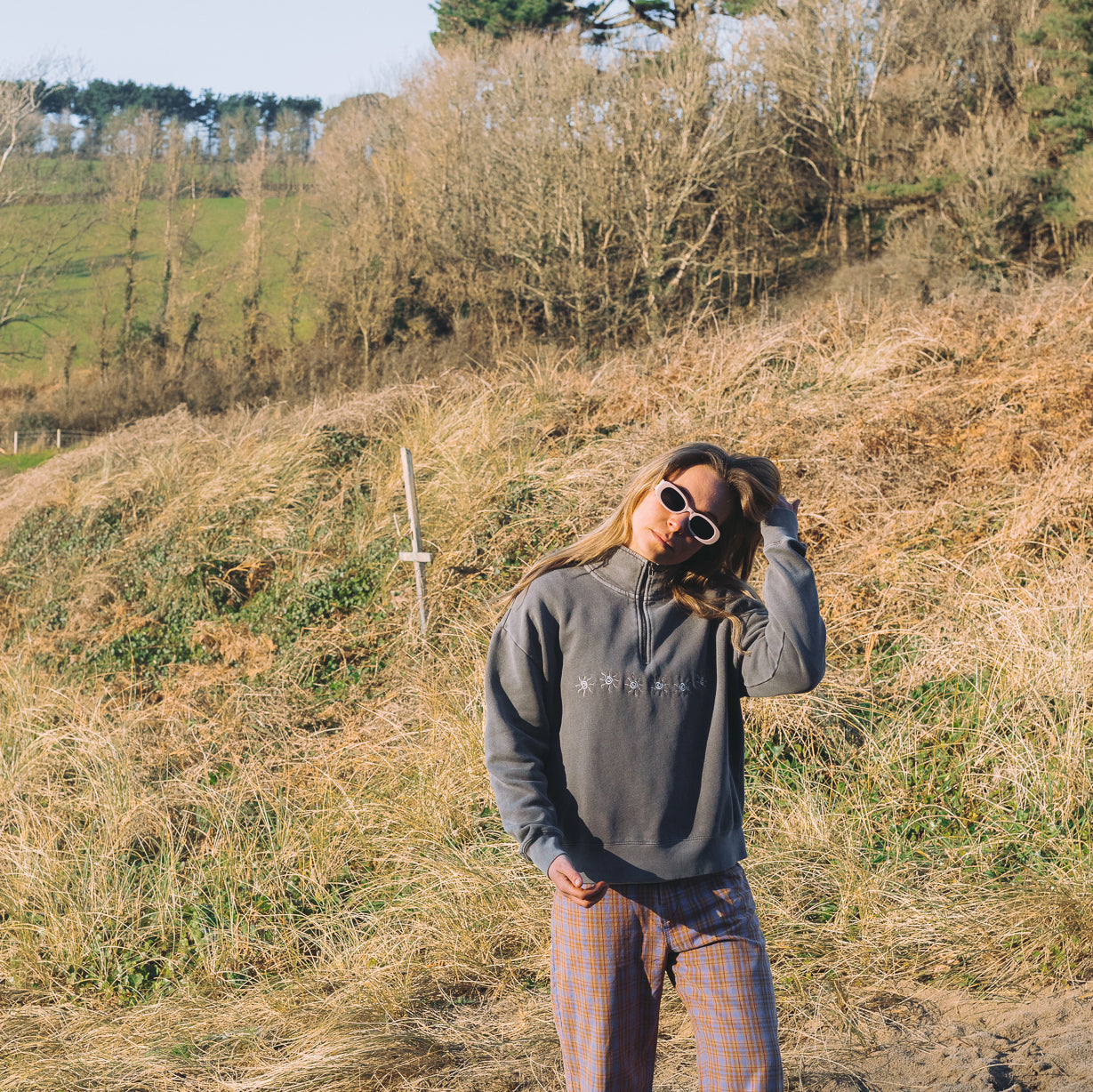 Looking Up Washed Half Zip Embroidered Sweatshirt